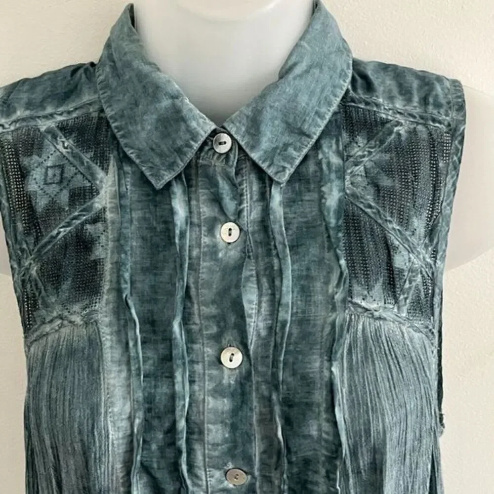 Free People Sleeveless Crinkle Cotton Tunic Top Size XS Teal Western Hippie Chic